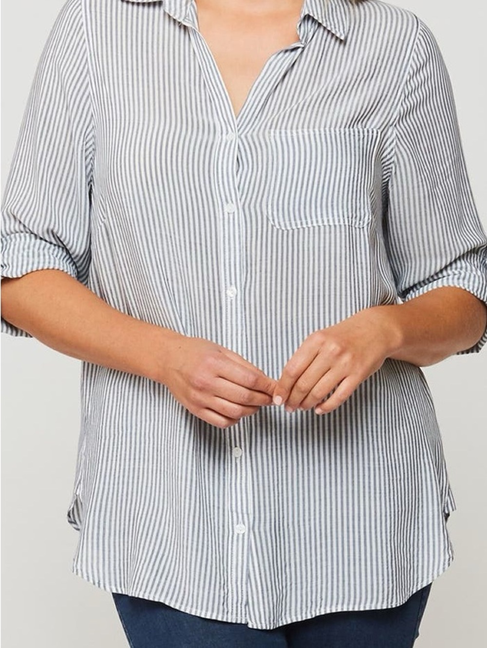 Velvet Heart Striped Button-Down Shirt in White and Gray
